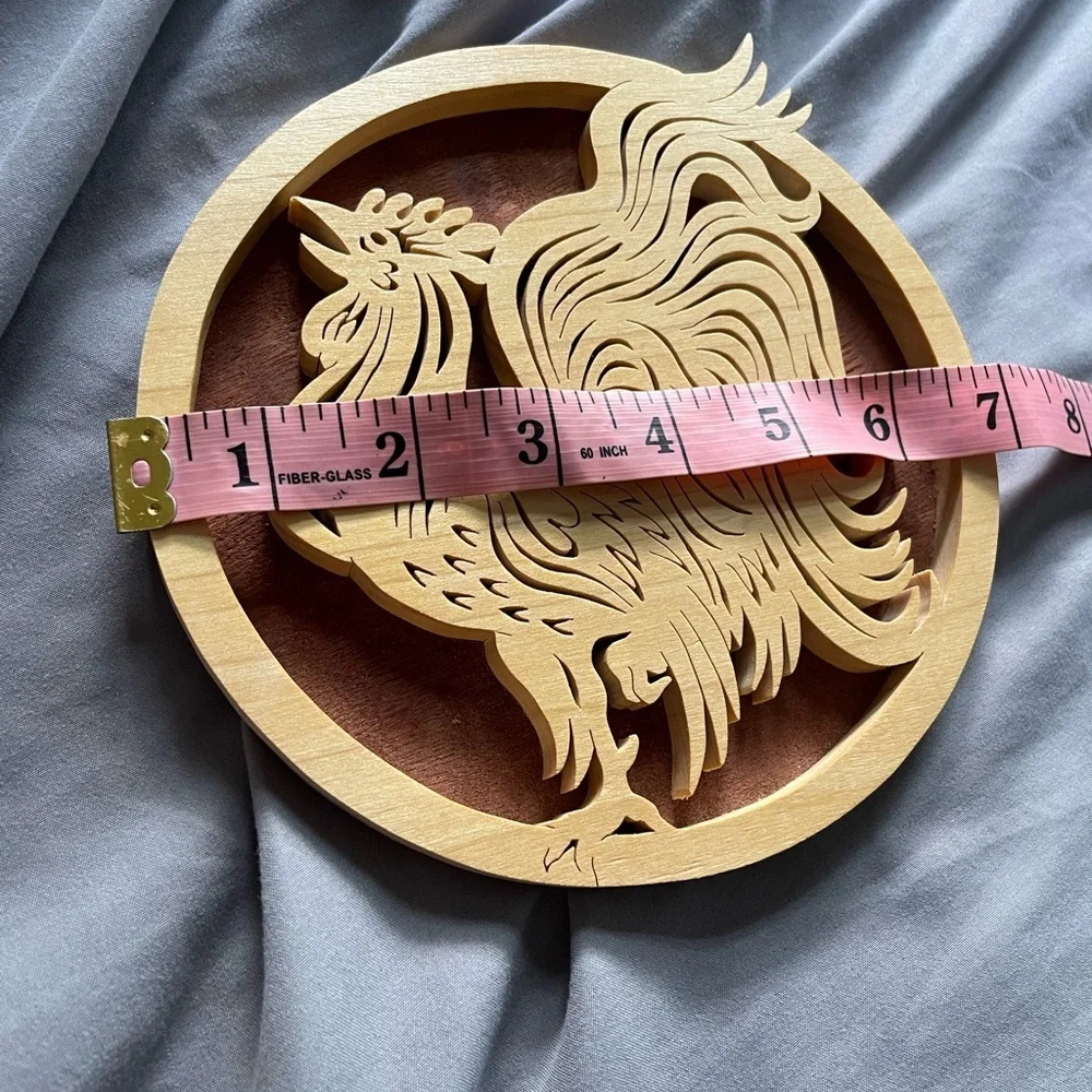 Handmade round laser cut woodcarving rooster wall hanging/trivet gold red 7”